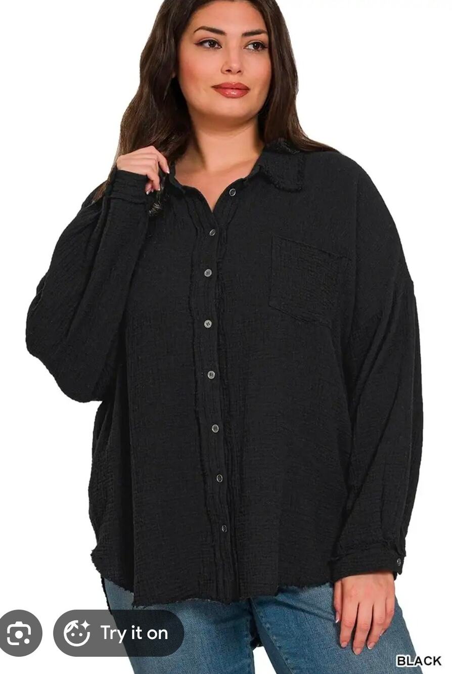 Zenana Womens 2X Black Gauze Long Sleeve Distressed Button Top Shacket Coastal